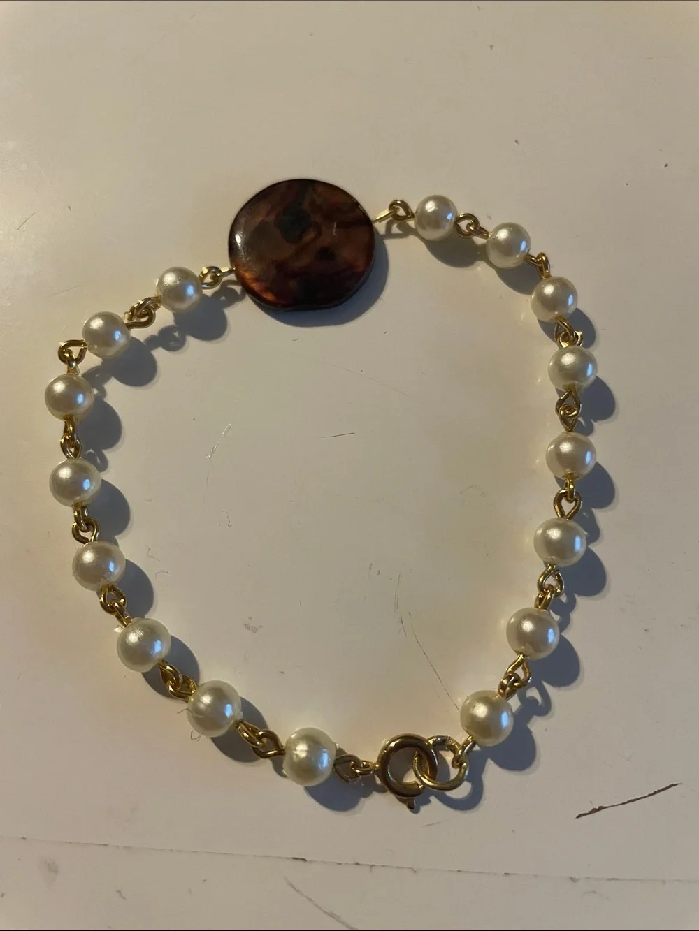 Gold Faux Pearl Bracelet with Tortoiseshell Accent